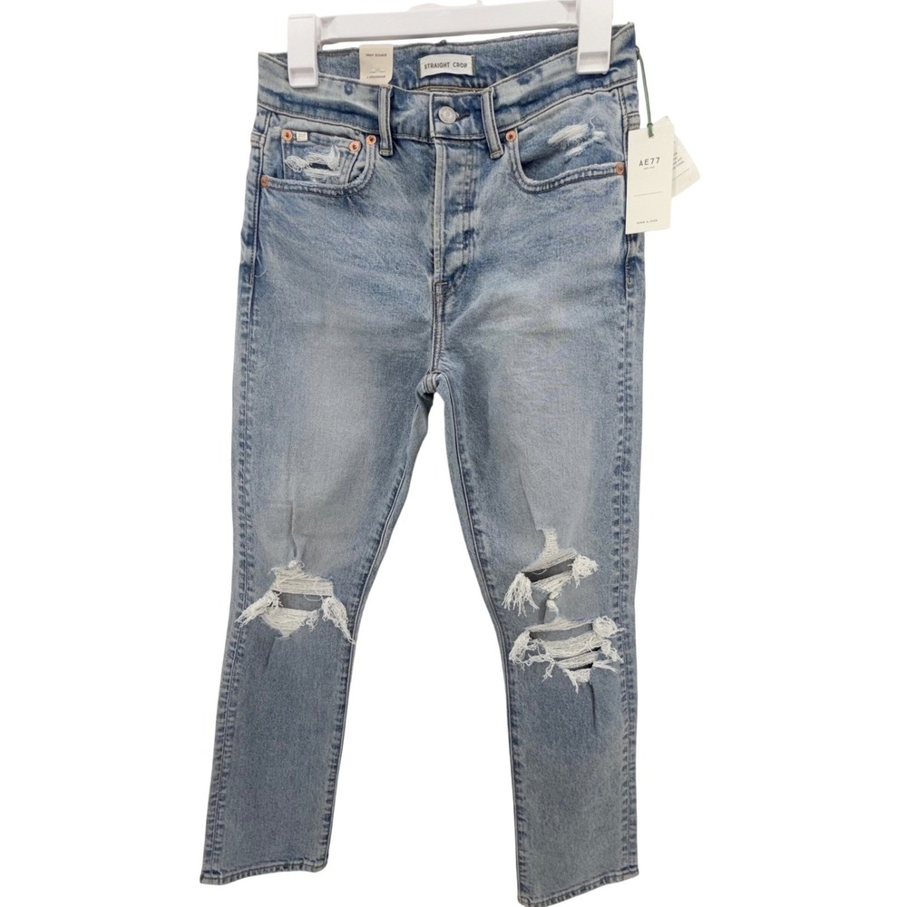 NWT AE77 Premium Straight Crop Distressed Jeans Sze 2 Light Wash Ripped Festival
